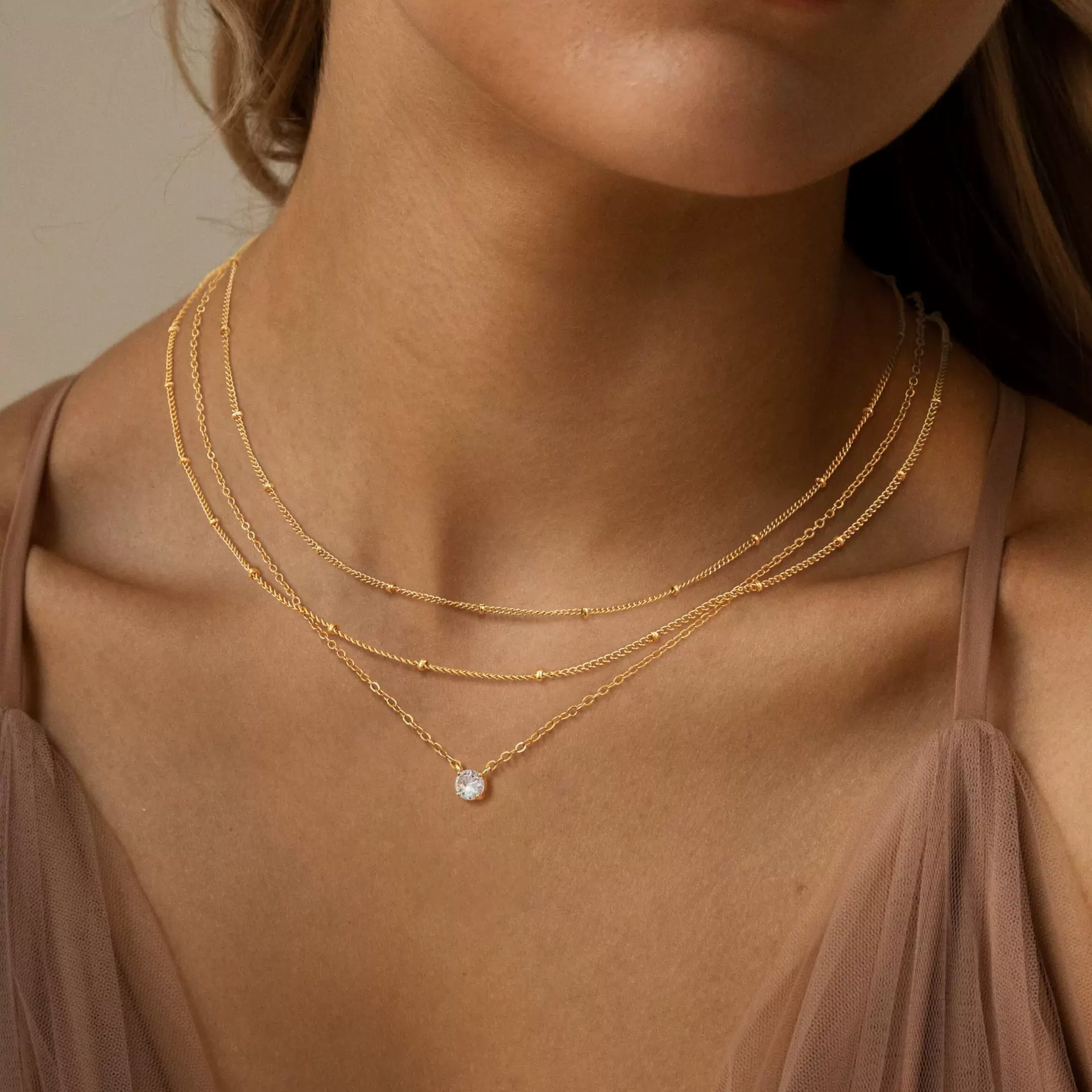 亚马逊热销Necklace时尚多层珠链镶钻锁骨链女 百搭极简锆石项链