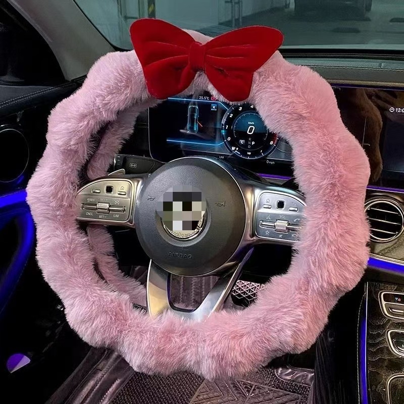 New Car Steering Wheel Cover 38cm Autumn and Winter Plush Winter Fleece Women's High-End Cute Bowknot