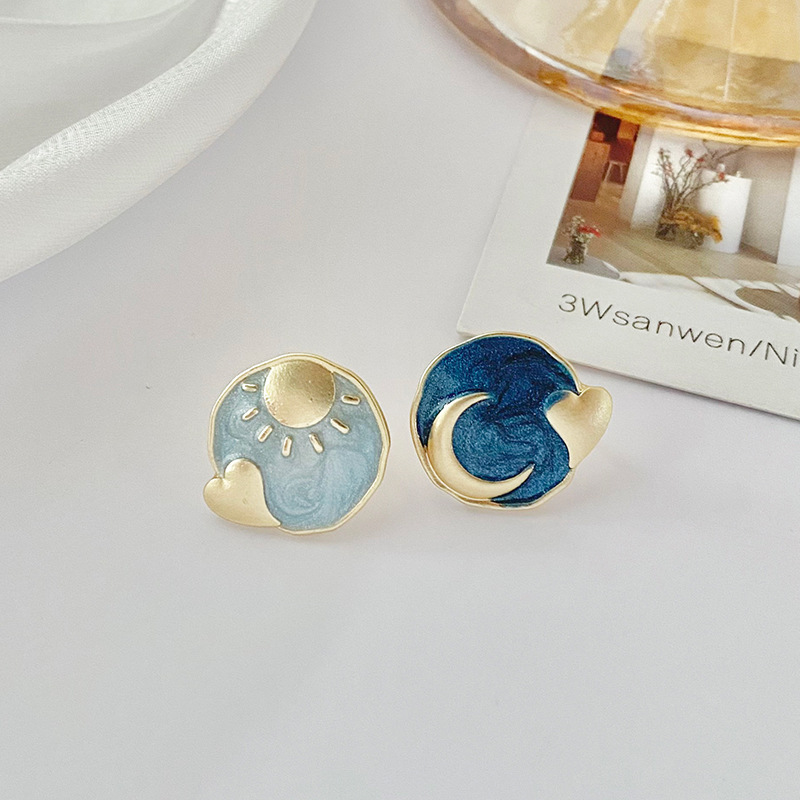 925银针复古太阳月亮不对称法式耳环女气质心形耳钉耳夹无耳洞B40|ms
