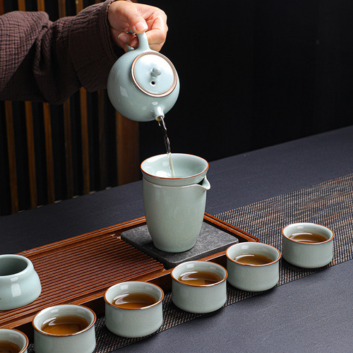 Retro Ru Kiln Tea Set Open Piece Ceramic Teapot Teacup Kung Fu Tea Set Wholesale Tianqing Business Gift Ru Porcelain