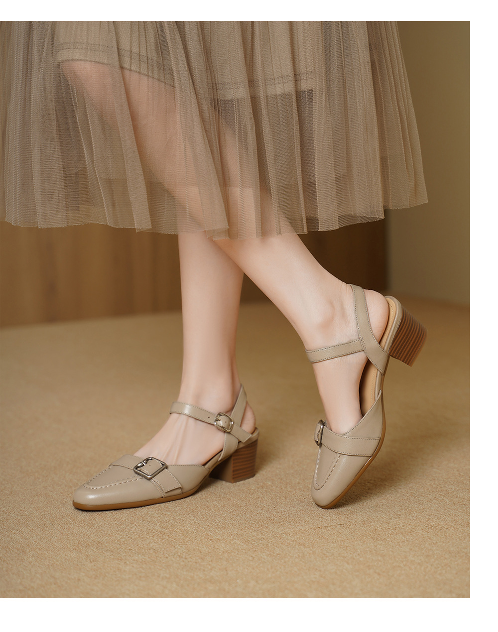 Sandal cao gót nữ hở mũi quai ngang khóa cài, gót 5 cm — đen chi tiết 8
