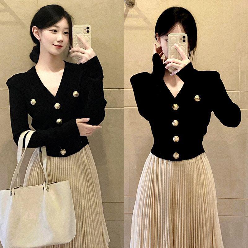 French-style long-sleeved knit cardigan, slim-fit sweater, elegant short cardigan, base layer top, ice cream