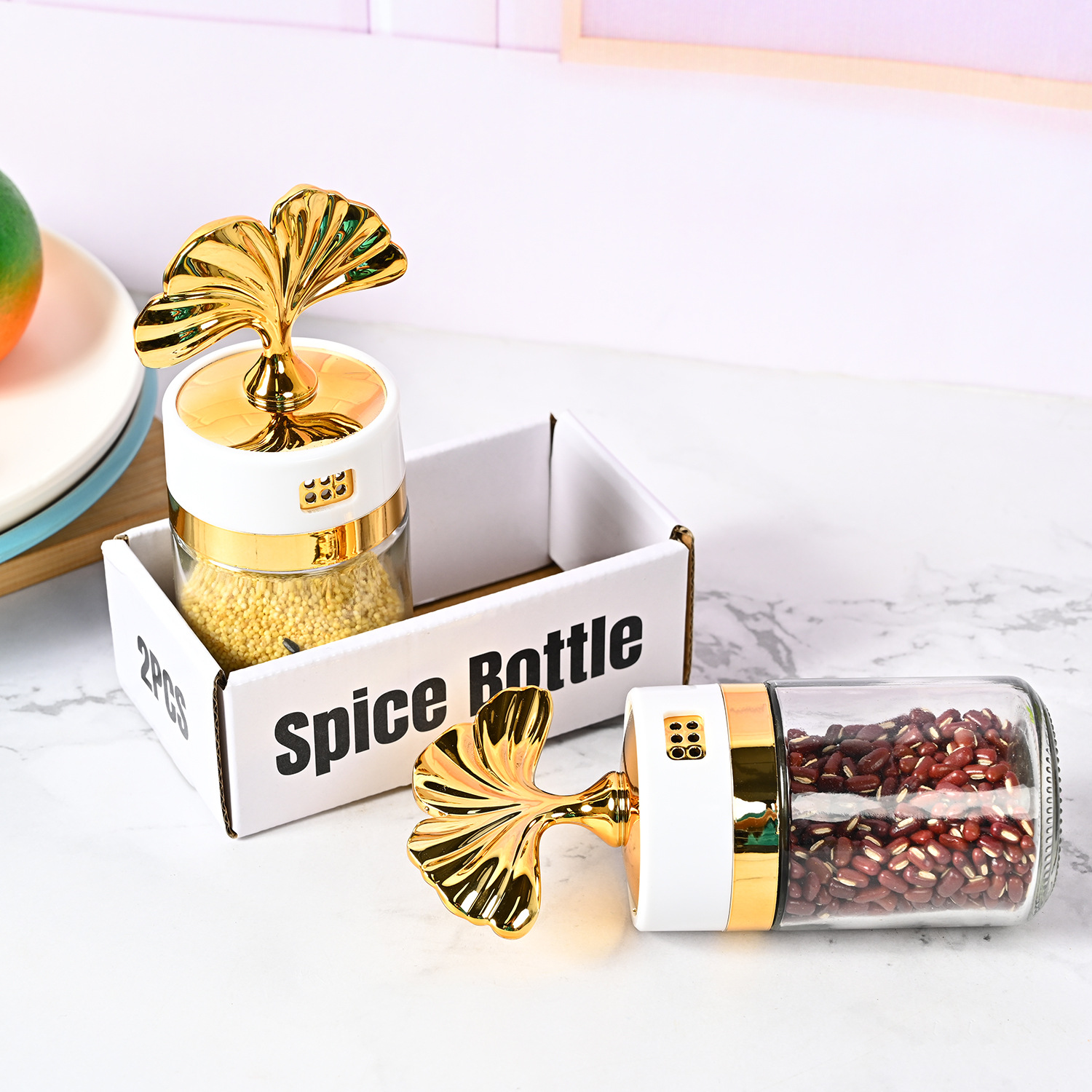 Nueva cocina sellada ginkgo hoja condimento botella hogar frasco de sal vidrio condimento botella condimento caja MSG condimento botella