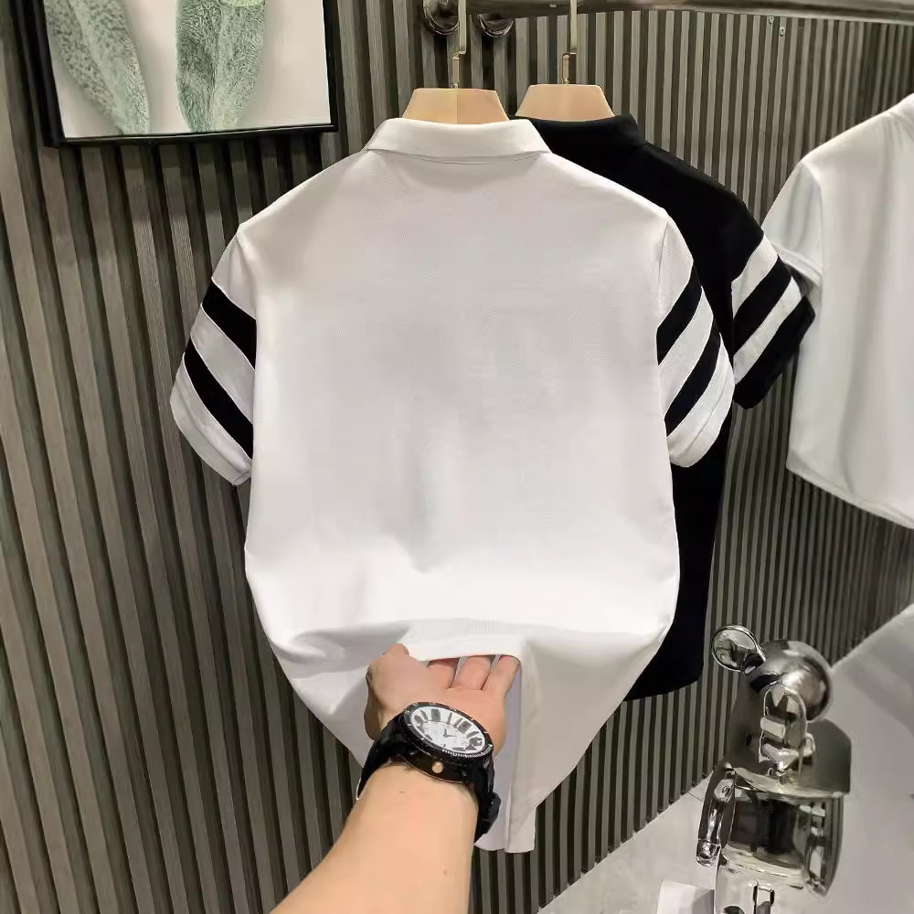 Black and White Striped Collar Light Luxury Men's Short-Sleeve Polo Shirt Trend Brand Badass Versatile Clothing