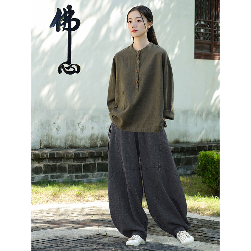 女性用在家服、中国風婦人服、綿麻ボタン付きトップス、禅服、中国風仏教禅無地スーツ|undefined
