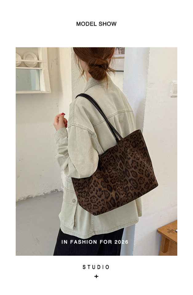 Túi tote nữ họa tiết da báo cỡ lớn, túi đeo vai kiêm túi xách tay phong cách retro — Họa tiết da báo nâu, Họa tiết da báo đen xanh chi tiết 9