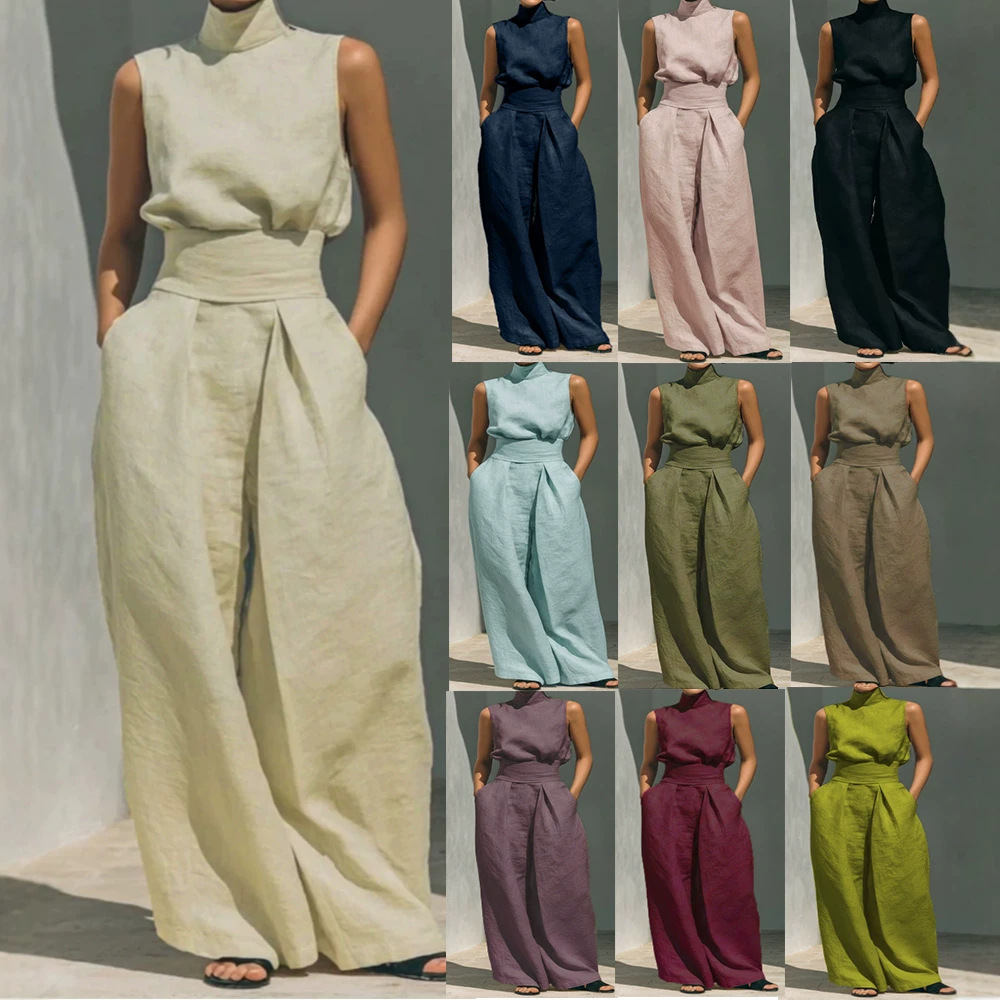 2026 Spring/Summer New In-Stock Cross-Border Trade European and American Women's Fashion Independent Brand Cotton and Linen Sleeveless Long Pants Casual Set for Women