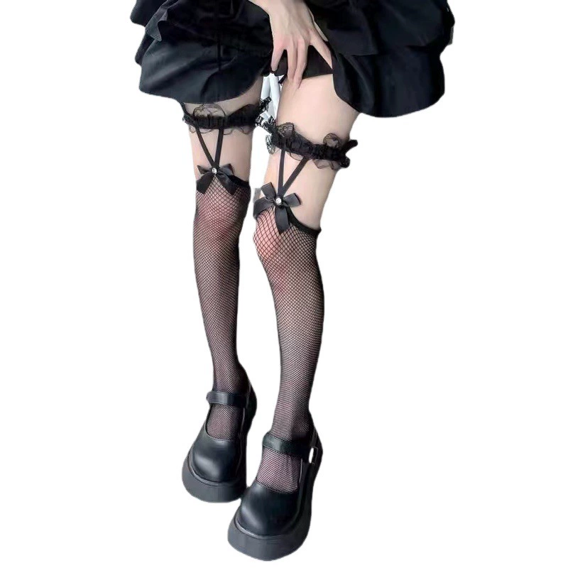 Черные подтяжки сексуальные кружевные кольца для ног с бантом выше колена ажурные чулки Летние ультратонкие JK белые носки до бедра женские