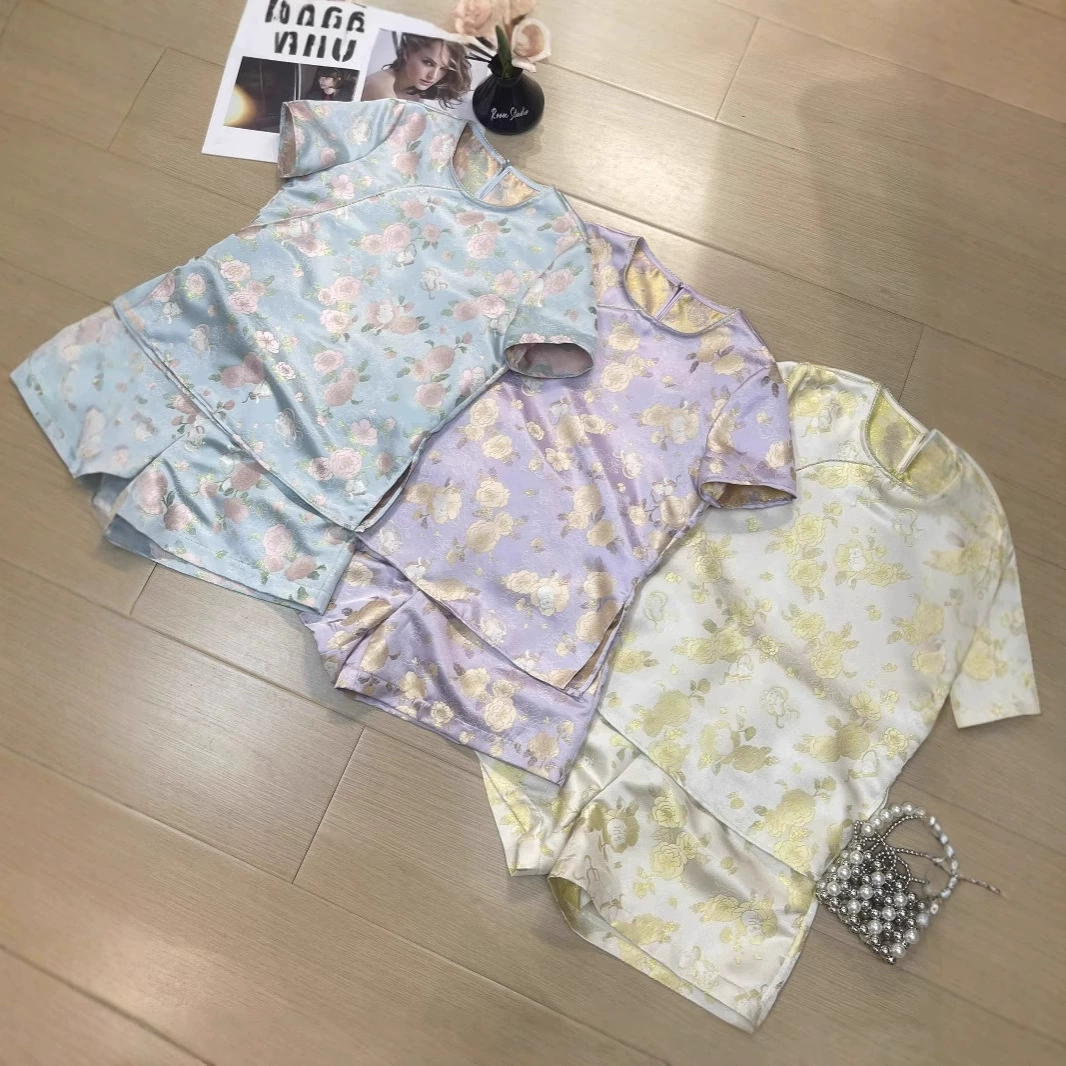 Nanyou Новый китайский стиль национальный ветер камелия кошачий парча набор ретро дикий округлый воротник улучшенный вариант женской Тан набор из двух частей