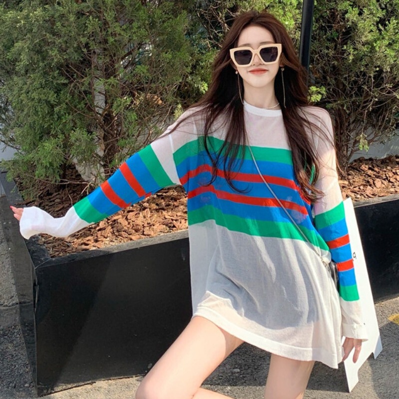 Contrast Striped T-shirt Thin Knit Women's 2025 New Loose Sunscreen Blouse Top Women's White free size Blue