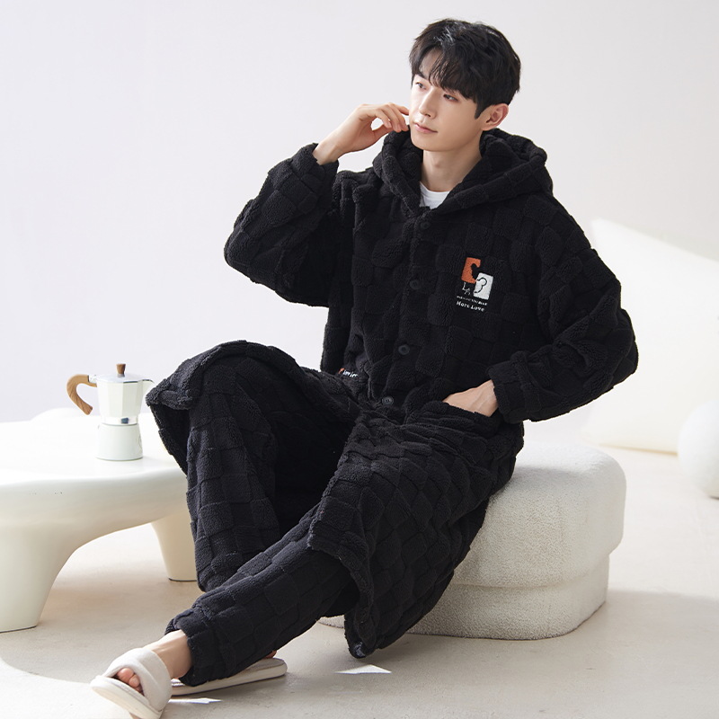 Camisón de invierno los hombres coral fleece cálido engrosada estilo coreano simple con capucha franela pijamas homewear traje