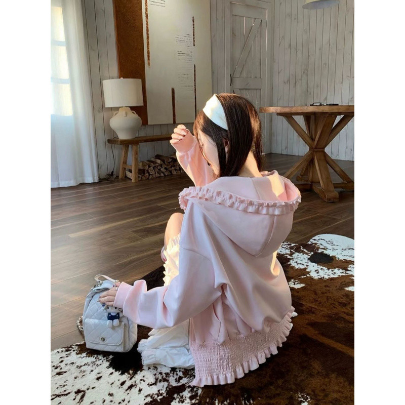 D6C Lace Hooded Sweatshirt for Women Spring & Fall Loose Waist Cardigan Zipper Sweet Hoodie Design Large Size Jacket