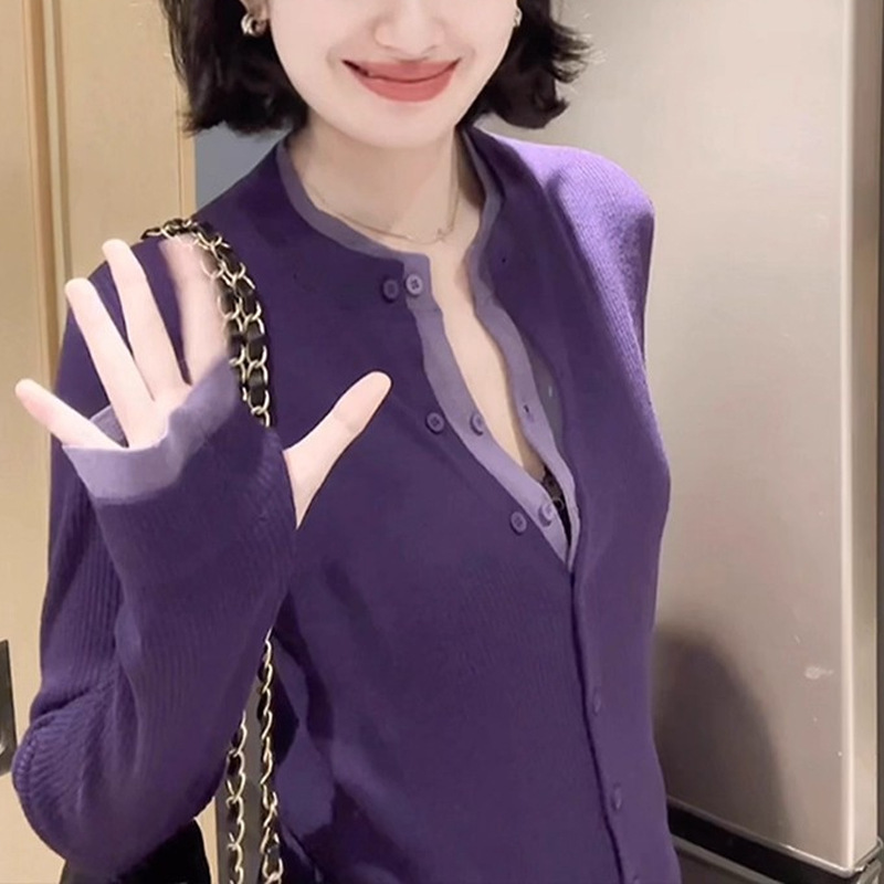高JI感紫色假两件针织开衫外套女早秋撞色拼接毛衣外穿气质小上衣|undefined
