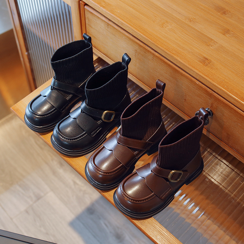 Nouvelles chaussettes tricotées d'hiver pour petites filles Bottines à semelles souples Bottines noires en cuir pour bébé pour enfants_voghion.com