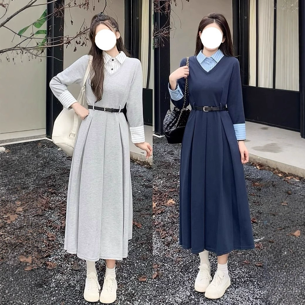 Женский осенний наряд в стиле преппи, комплект из двух частей (имитация), новые осенние длинные юбки для женщин