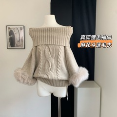 袖口狐狸毛高领羊毛混纺麻花针织上衣毛衣女