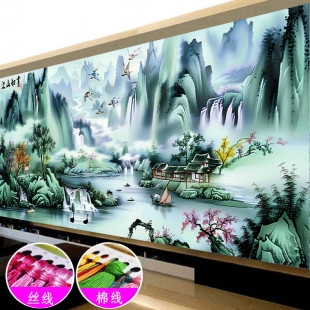 Jiangshan picturesque cross-stitch 2024 new embroidery living room landscape painting flowing water to make money cornucopia large handmade embroidery