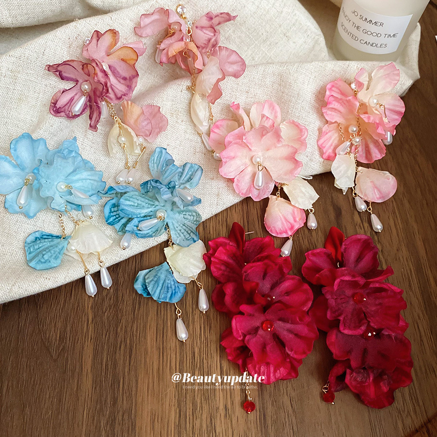 Aguja de plata, tela de circón, flores, perlas, borlas, pendientes de estilo de vacaciones, pendientes de todo fósforo de moda, sentido de diseño, nicho