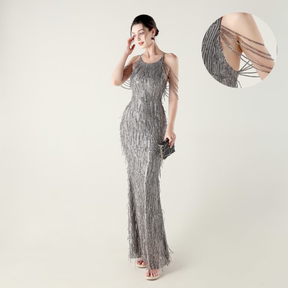 33573 # 2025 New Bead Tube Embroidery Stereo Tassel Sequin Craft Beaded Evening Dress Banquet Robe