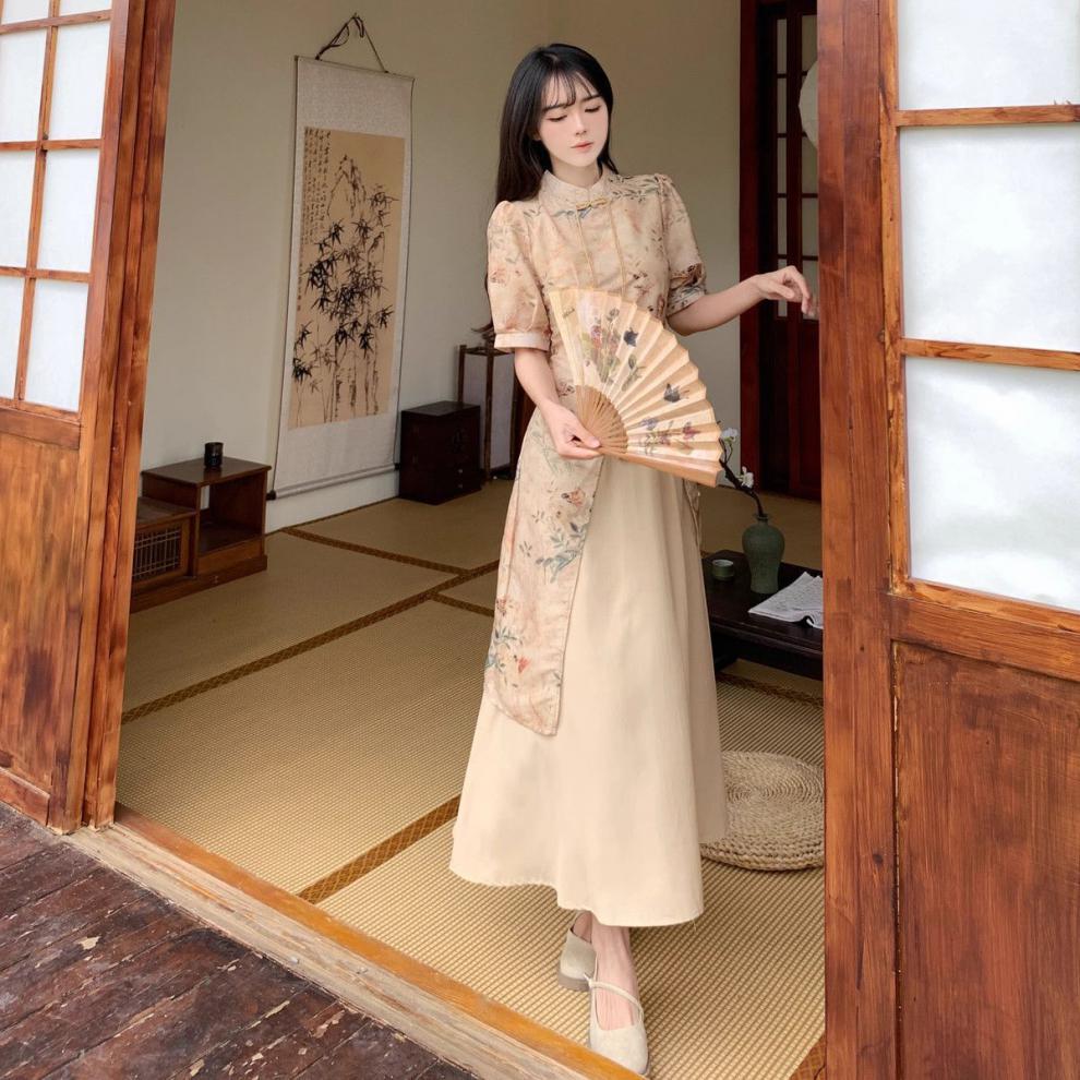 Vintage Chinese Style Dress National Printed Clothing Women Night
