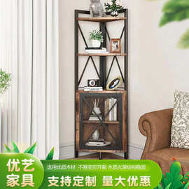 现代简约木质转角置物架储物五层架铁艺中古角落置物架高柜茶水柜