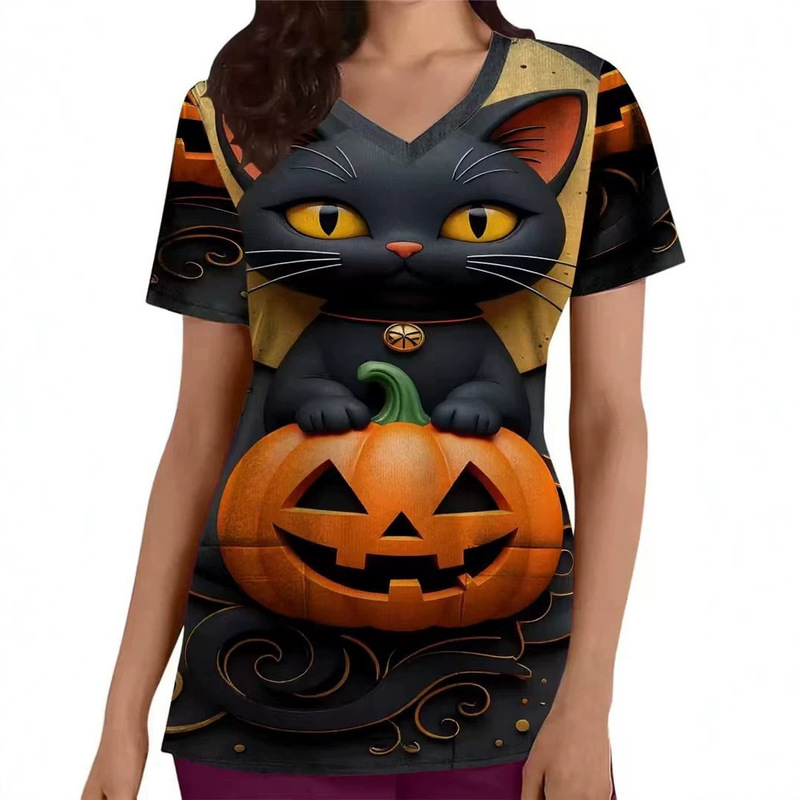 Fun Halloween nurse uniform: Cute witch and kitten print V-neck short-sleeve nurse top