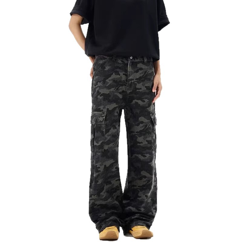 Men's Camouflage Wide Leg Pants Street Style Hip Hop Loose Fit Straight Leg Slightly Flared Cargo Jeans Trendy Brand Blue mid Waist_mkmklike.com