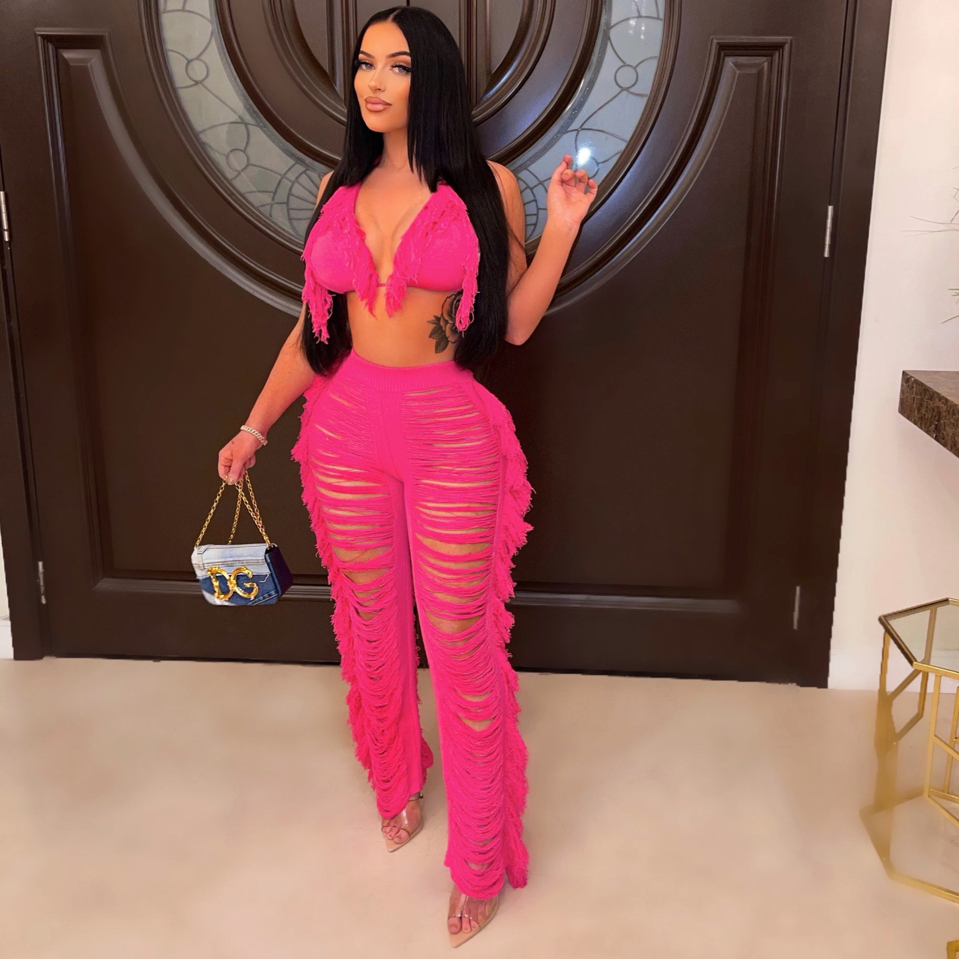 Women's Clothing summer new women's sexy tassel knitted pants suit_voghion.com