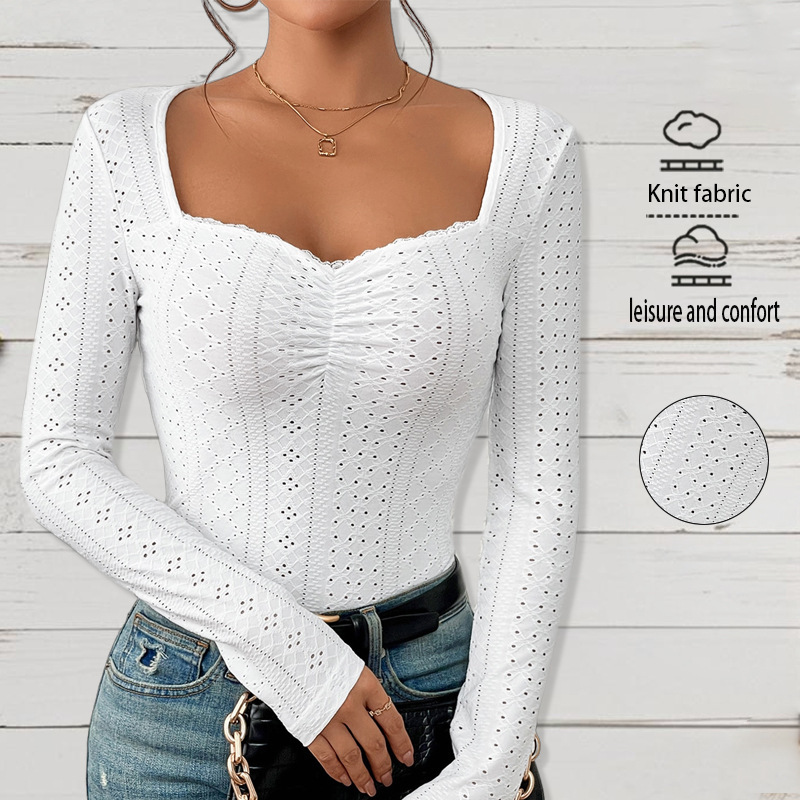 Amazon European and American New AliExpress French Square Collar Sexy Top Embroidered Eyes Pleated Bust Lace T-Shirt