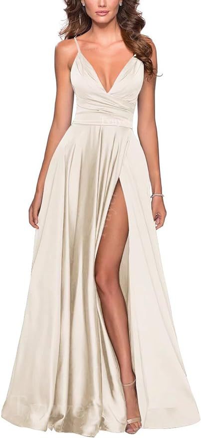 Elegante vestido de fiesta largo con cuello en V dividido, plisado de dama de honor de gasa larga, vestido formal, vestido de noche de satén