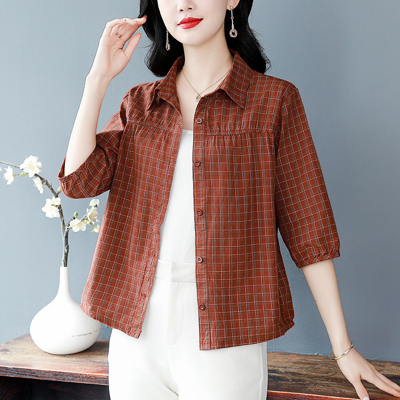 Wholesale 2026 Summer Cotton Plaid Shirt Loose Fit Tummy-Covering Top Three-Quarter Sleeve Blouse for Mom Women's Clothing Wholesale 2026 Summer Cotton Plaid Shirt Loose Fit Tummy-Covering Top Three-Quarter Sleeve Blouse for Mom Women's Clothing