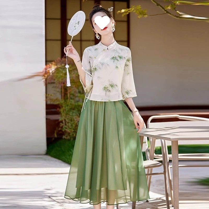Новый китайский стиль улучшенный чонсам костюм платье женское 2025 новый летний топ и юбка комплект из двух предметов