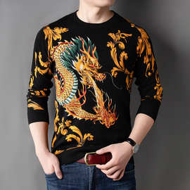 春季中年针织薄毛衣男长袖线衫时尚高端中国龙印花薄款T恤男装潮