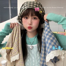 少女法式蕾丝格子三角巾头巾女海边法式田园复古甜美可爱韩系发带