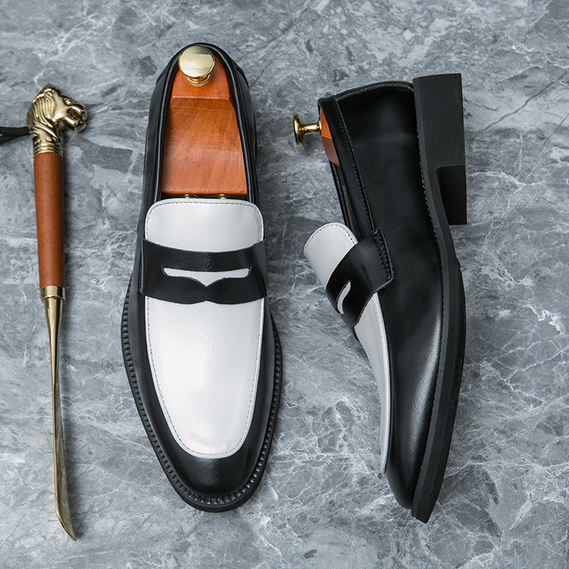 Transfronterizo más el tamaño de primavera zapatos de cuero a juego de color blanco y negro mocasines deslizantes para hombres zapatos casuales de negocios británicos