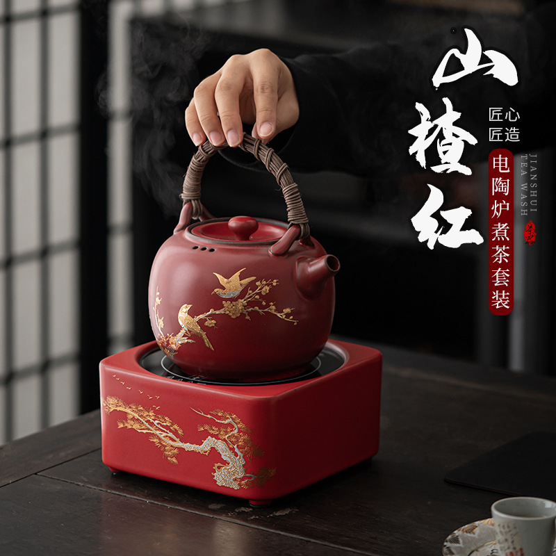 Hawthorn red electric pottery stove rattan beam lifting raw ore pottery kettle kettle coarse pottery boiling tea stove tea cooker suit
