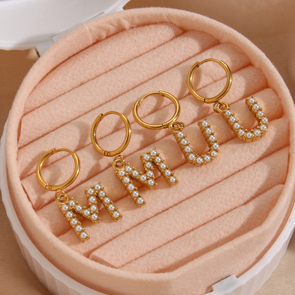 Pearl Inlaid Letter Stainless Steel Pendant Earrings