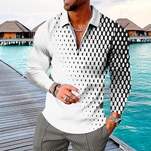 New Men's 3D Printed Casual Long-Sleeve European and American Fashion Simple Trend Polo Shirt