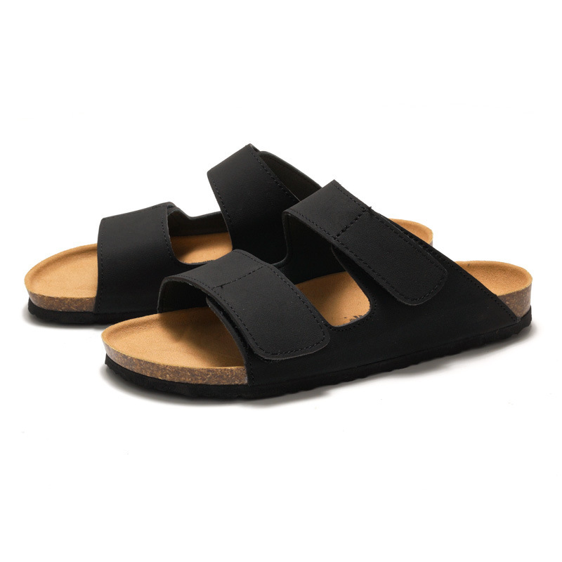 Men's Cork Slippers, Trendy Student Flip-Flops, Double-Strap Men's Beach Shoes, Nubuck Leather High-Bottom Flat Outdoor Shoes