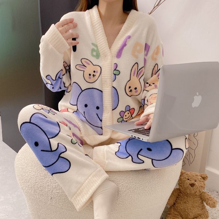 220 jin transfronterizos al por mayor tamaño M - 6XL pijamas de franela de invierno Cardigan con camisa de lana gruesa set de ropa para el hogar