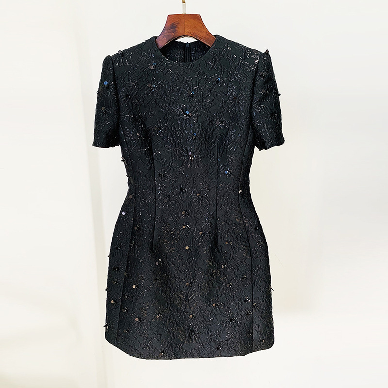 In Stock 2026 New European and American Celebrity Style Fashionable and Elegant Jacquard Heavy Beaded Short-Sleeved Dress In Stock 2026 New European and American Celebrity Style Fashionable and Elegant Jacquard Heavy Beaded Short-Sleeved Dress