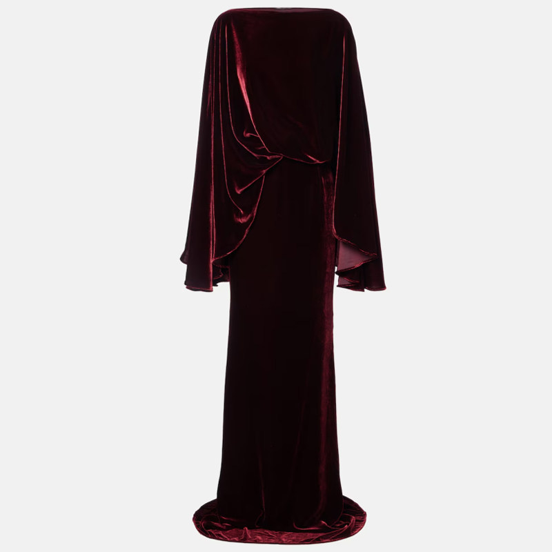 [in Stock] 2026 New Spring Cross-Border Women's Fashion Wine Red Cape Sleeve Velvet Dress Long Gown for Banquets