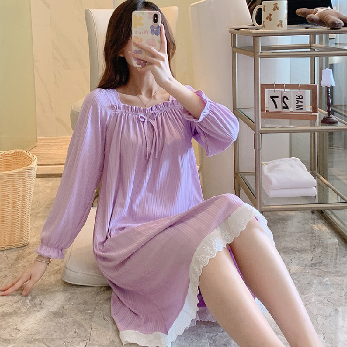 Otoño nuevo pijama simple vestido de mujer rodilla dulce encaje princesa en vivo pijama casero al por mayor