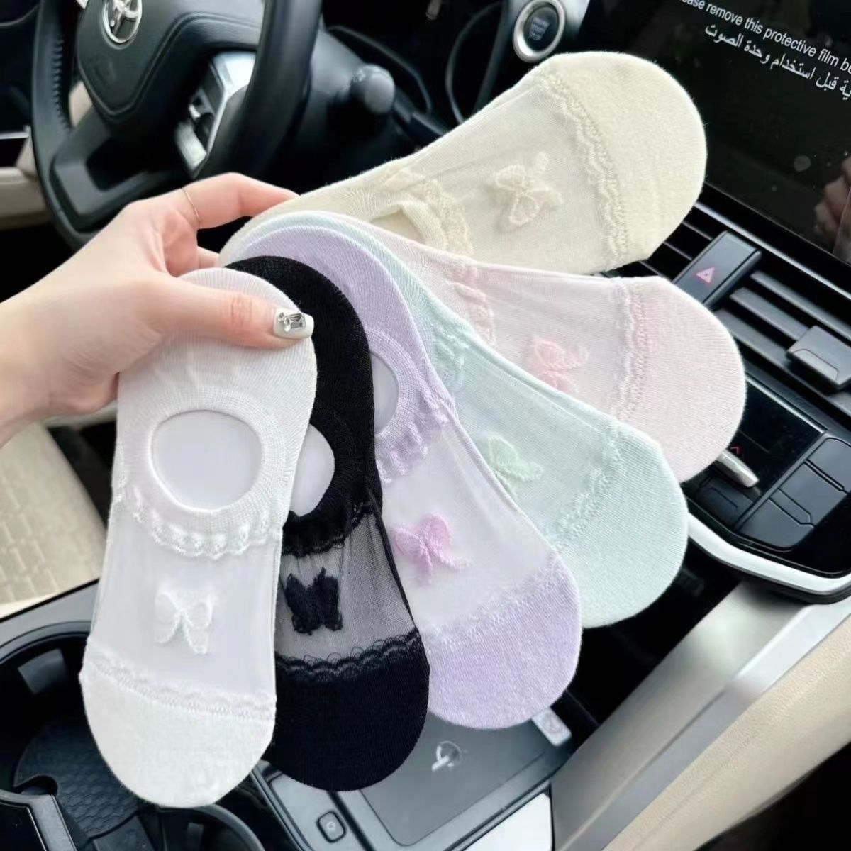 Japanese Style Crystal Lace Bow Ice Silk Invisible Socks Summer Thin Non-Slip Shallow Boat Socks Breathable Colorfulful Socks