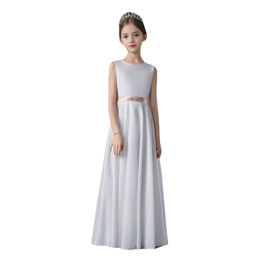 Kleines Host-Kleid, weißes Prinzessinnenkleid, tailliertes langes Kleid für Kinder, Auftrittsoutfit für Chor, Klavier, Violine, Kleinkinder, Mädchen, 3-7 Jahre_voghion.com