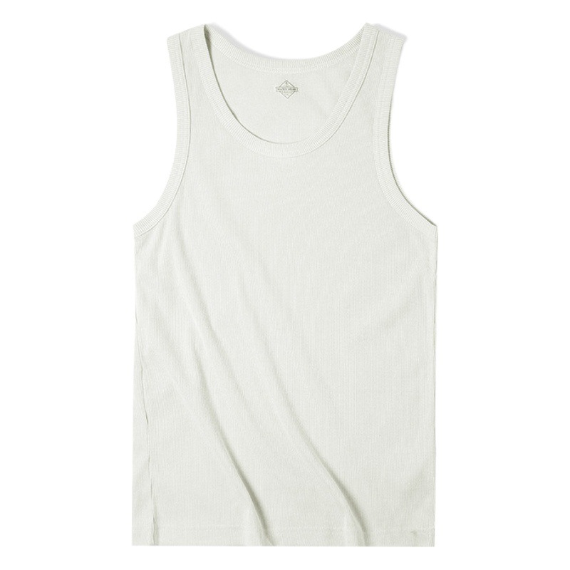 Maden American-Style White Cotton Fitness Tank Top for Men, Heavyweight Sleeveless Ribbed Undershirt