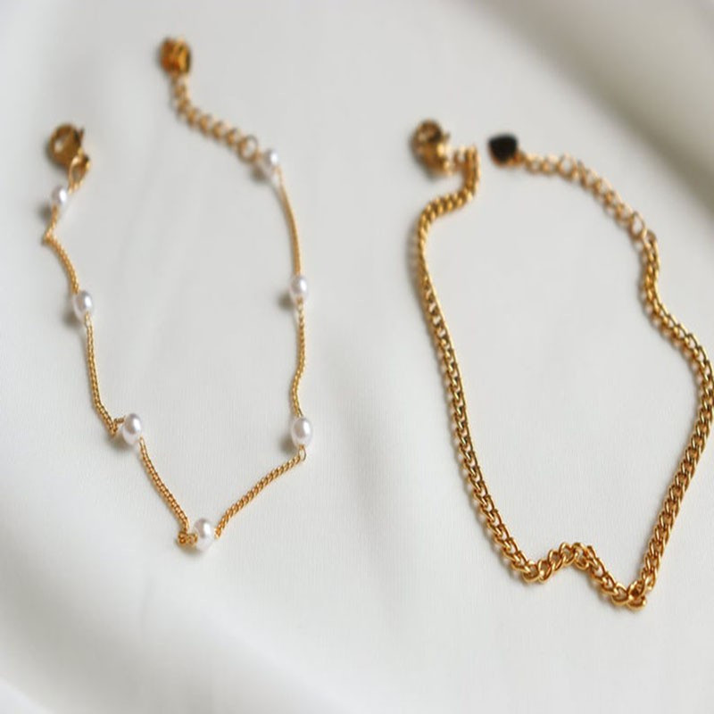 欧美跨境新品 创意二层手 工珍珠链加扁链脚链 时尚简约脚饰女