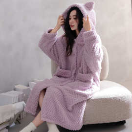 睡袍女睡衣冬季珊瑚绒加厚加绒连帽开衫秋冬款法兰绒保暖长款浴袍