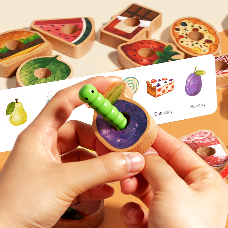 Oruga de madera para niños, juego de cuerdas y cuentas, concentración, pensamiento lógico, juguetes de entrenamiento, ayudas didácticas Montessori al por mayor