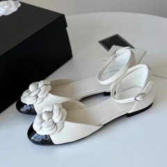 牛皮版~小香風真皮花朵包頭涼鞋女夏季平底一字帶瑪麗珍單鞋
